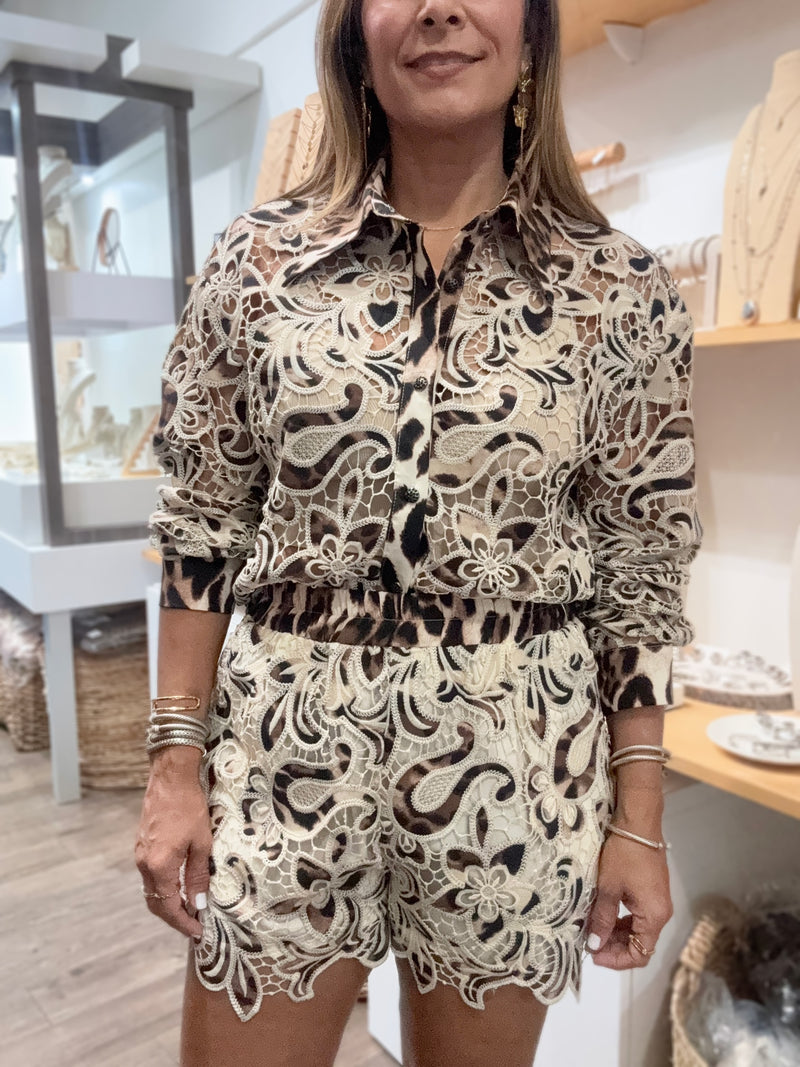 Leopard Print & Lace Top & Shorts Set