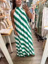 Green & Blue Print Neck Detail Dress
