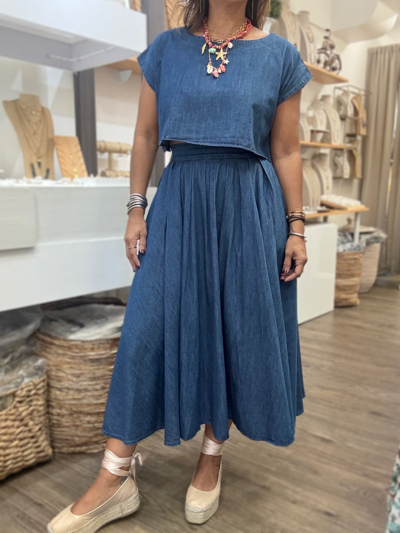 Denim Top & Midi Skirt Set