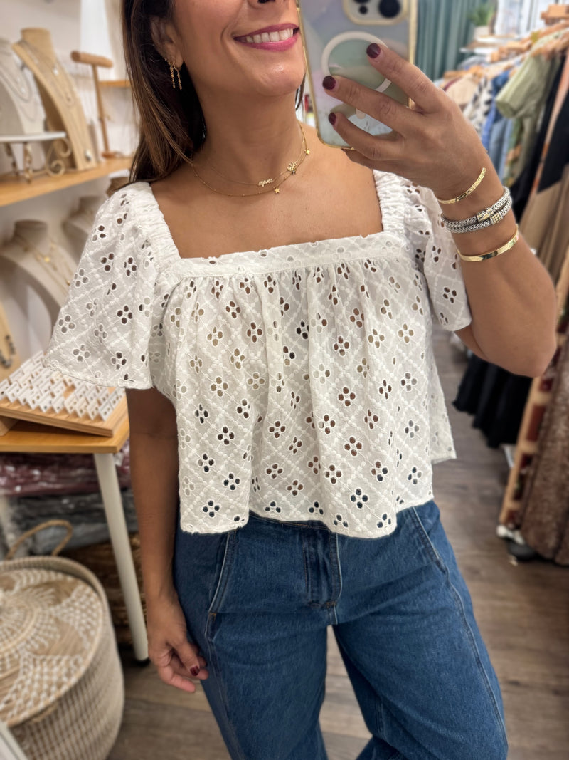 White Eyelet Back Detail Top
