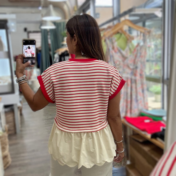 Red Stripes Scalloped Hem Top