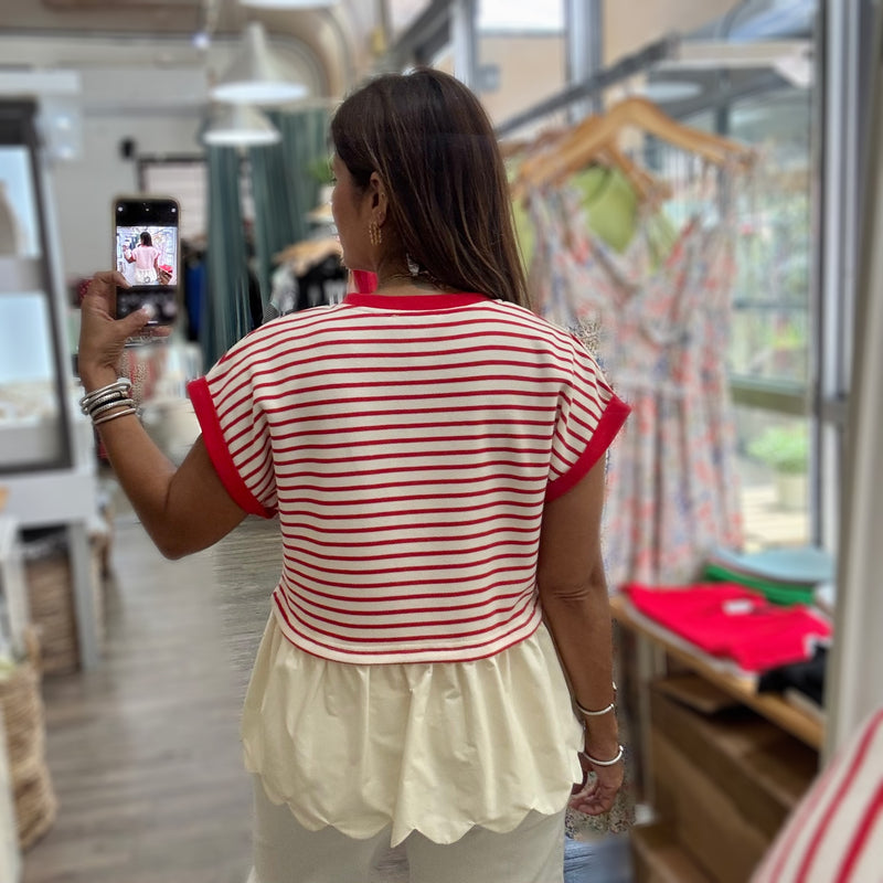 Red Stripes Scalloped Hem Top