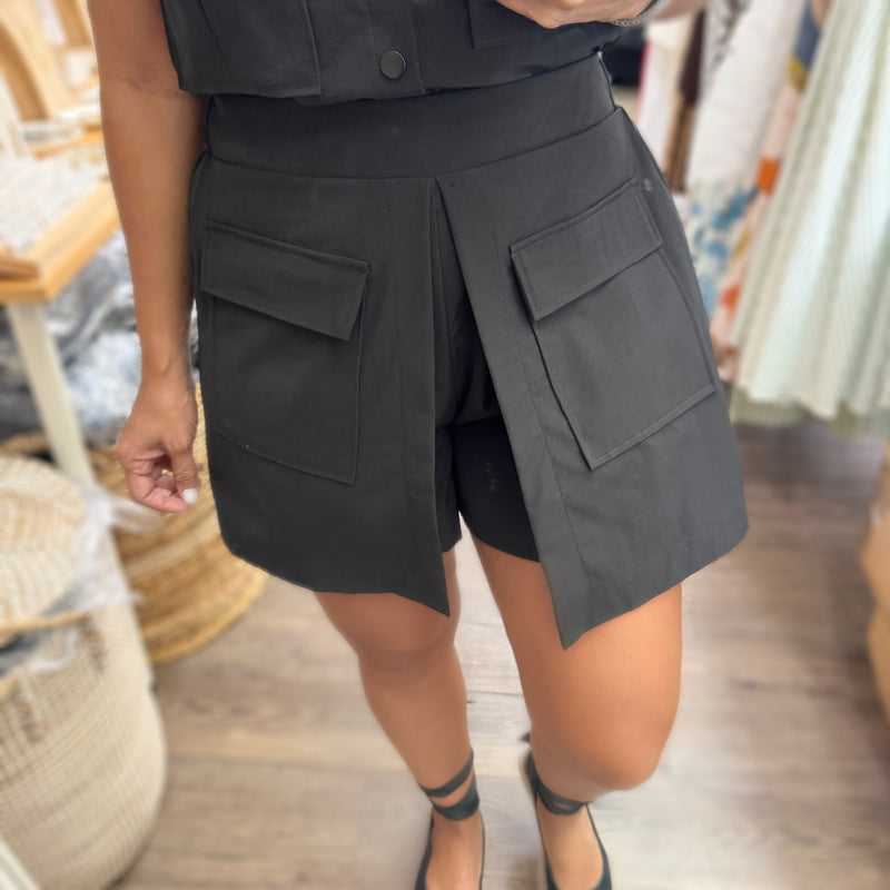 Black Front Pockets Top & Skort Set