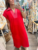 Red Neck Detail Dress