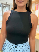 Black Sleeves Detail Ribbed Tank Top