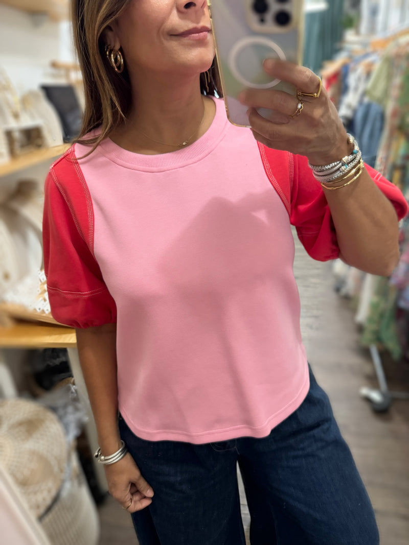 Pink & Red Contrast Sleeves Top