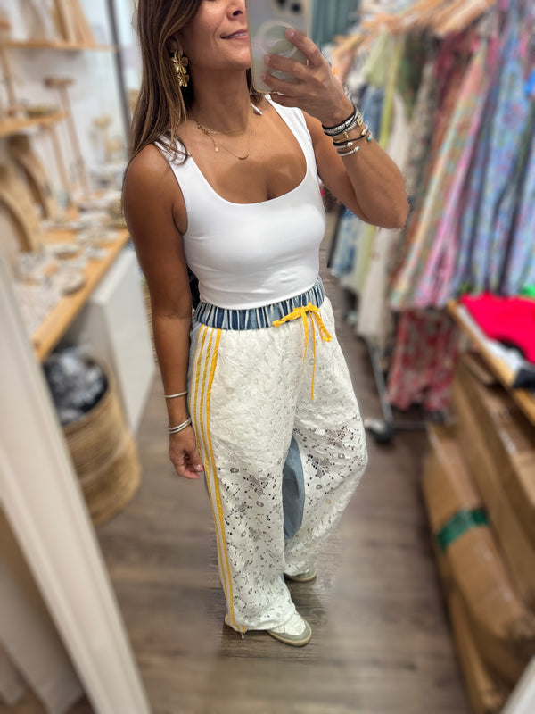 Lace & Denim Contrast Side Detail Pant