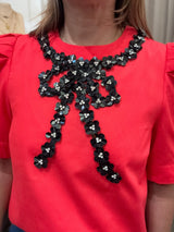Red Embellished Bow Detail Top