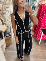 Black & Ivory Contrast Vest & Pant Set