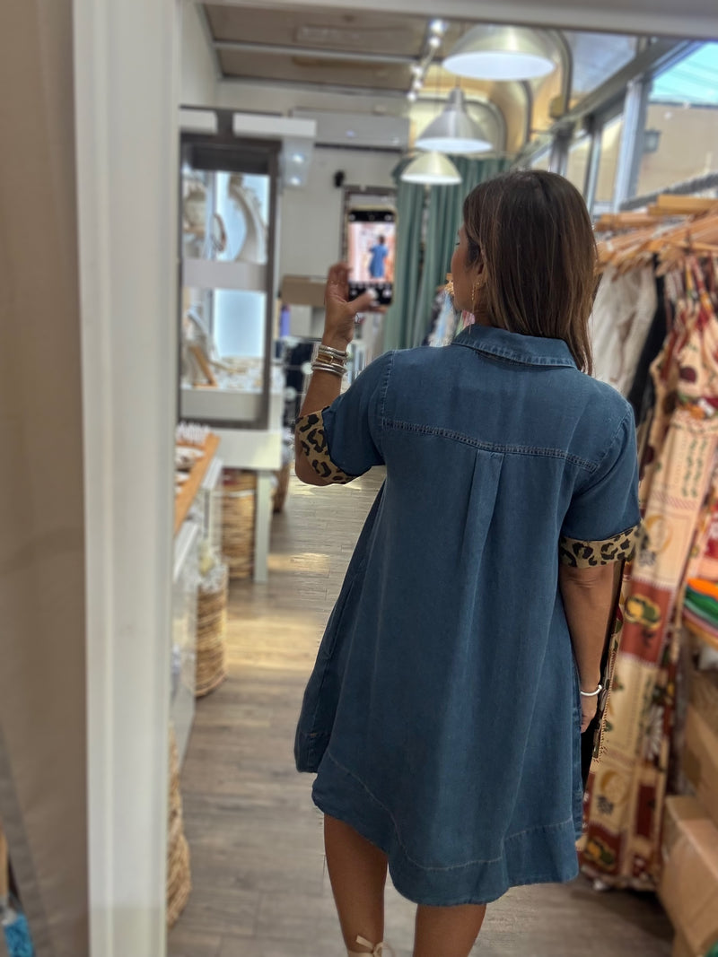 Denim & Leopard Detail Dress