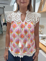 Colorful Print & Eyelet Top
