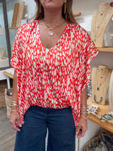 Red Print V-Neck Top