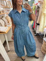 Denim Smocked Waist Jumpsuit