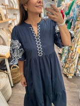 Navy Embroidered Sleeves Tiered Dress