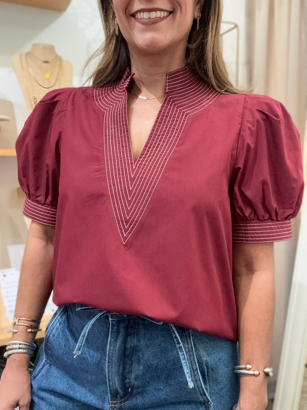Burgundy Contrast Stitch Top