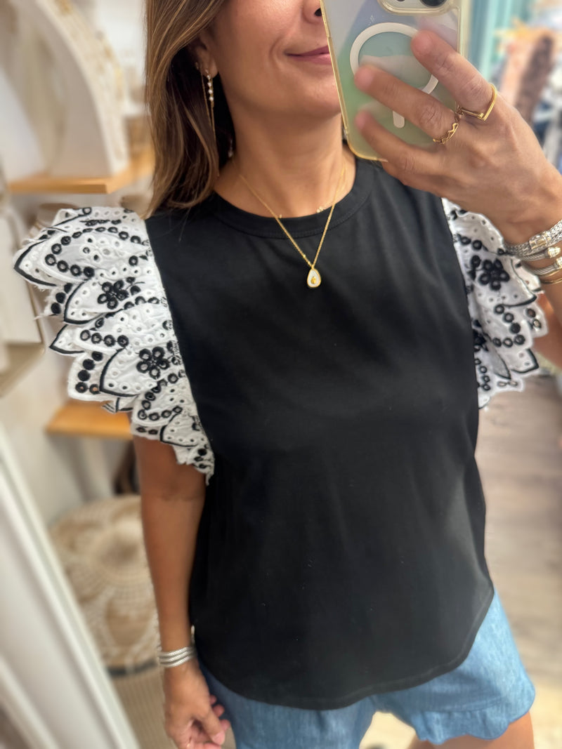 Black Eyelet Sleeves Top