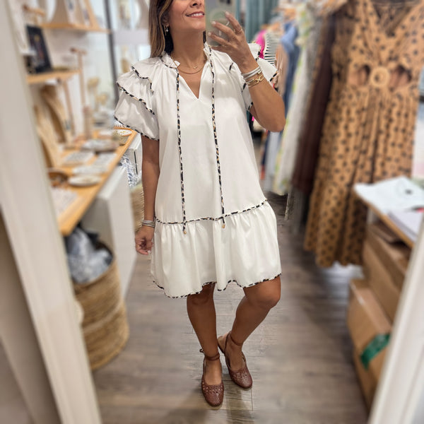 White Leopard Detail Drop Waist Dress