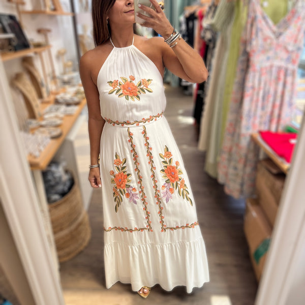 White Embroidered Halter Maxi Dress