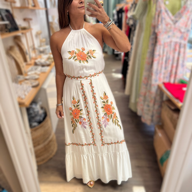 White Embroidered Halter Maxi Dress
