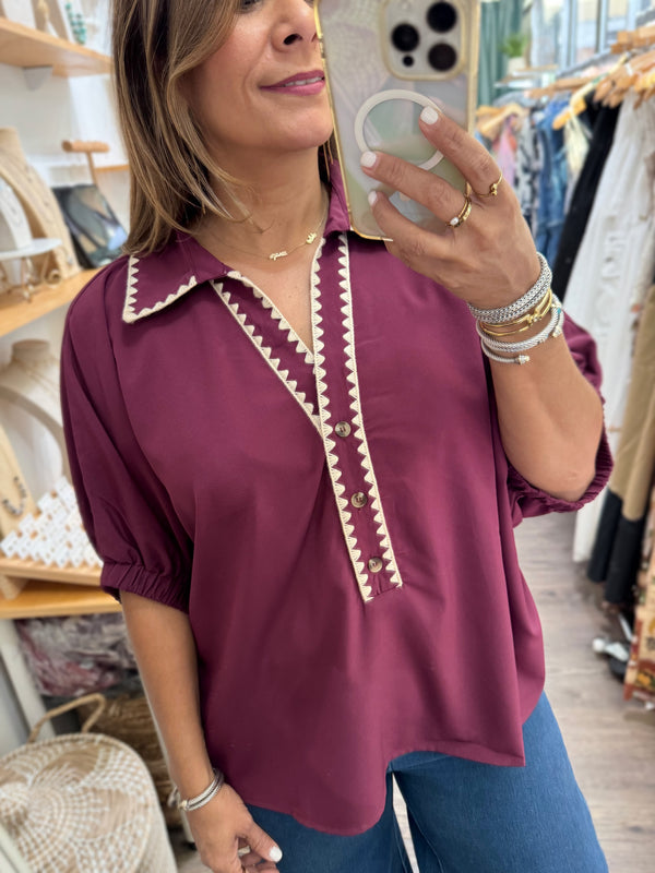 Burgundy Embroidered Detail Collared Top