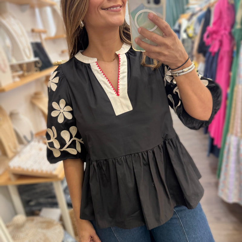 Black Embroidered Sleeves Top