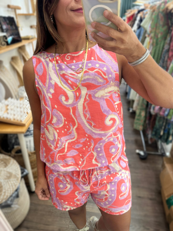 Coral Mix Print Top & Shorts Set