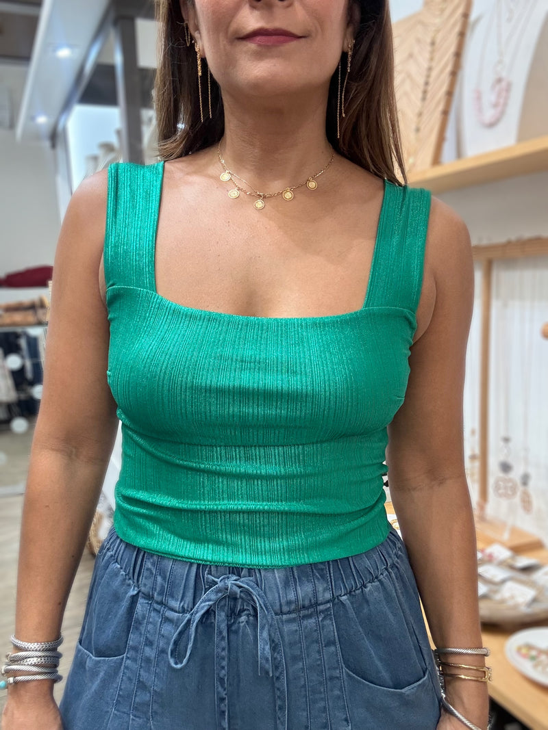 Green Back Detail Metallic Top