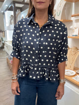 Navy Polka Dots Button Down Top