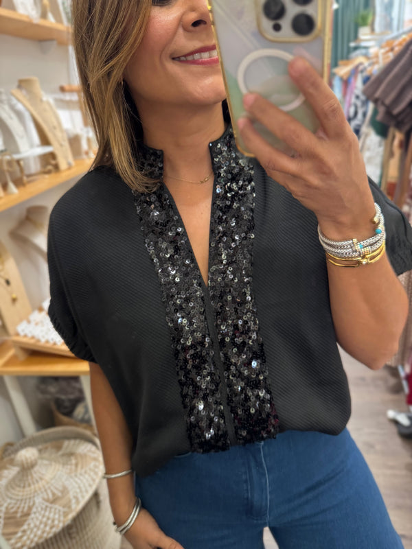 Black Sequin Detail Textured Top