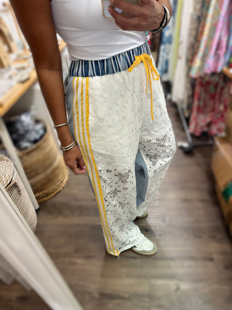 Lace & Denim Contrast Side Detail Pant