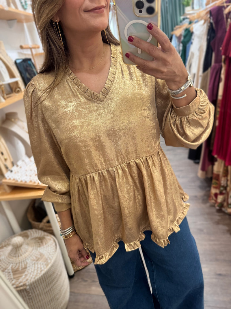 Gold Metallic V-Neck Top