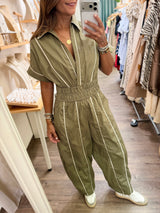 Olive Smocked Waist Barrel Jumpsuit