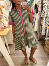 Olive & Pink Stripes Shirt Dress
