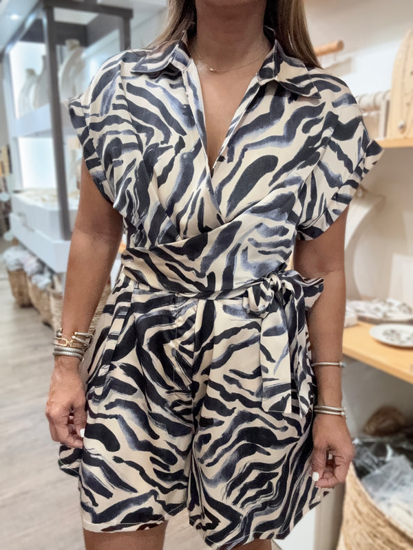 Blue Print Waist Tie Romper