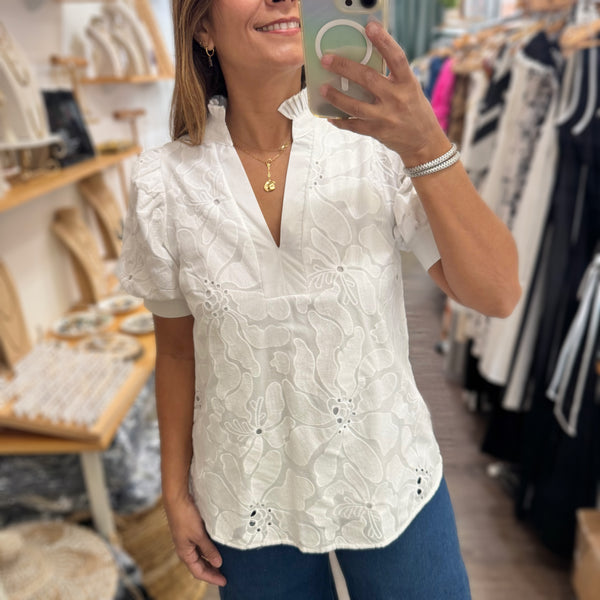 White Flower Embroidered Top