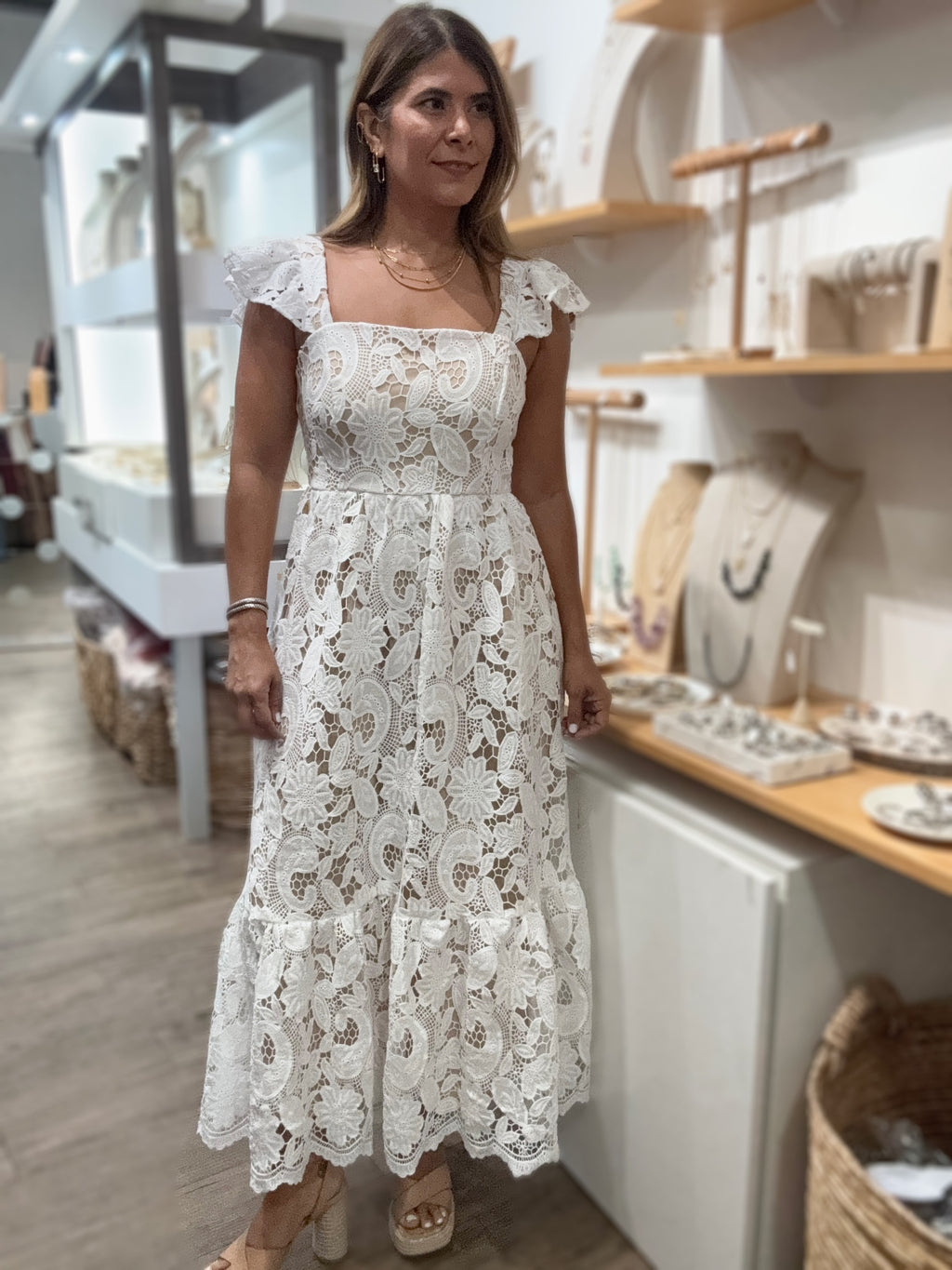 white peplum dress with black lace White Lace Peplum Midi Dress self-portrait-US