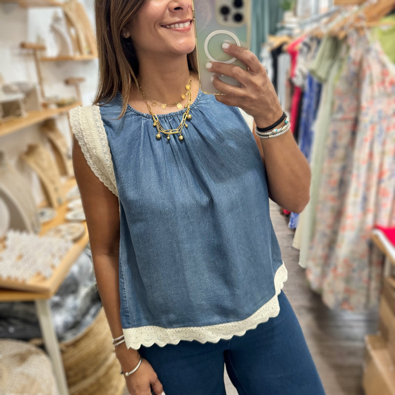 Dark Denim Chambray w/Lace Detail Top