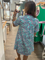 Aqua & Purple Print Neck Detail Dress