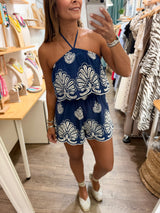 Navy Halter Embroidered Romper