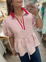 Red Stripes Collared Top