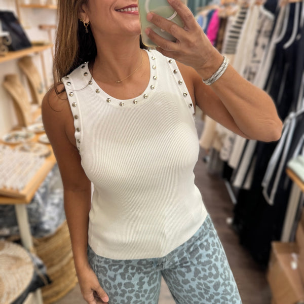 Ivory Stud Detail Ribbed Top