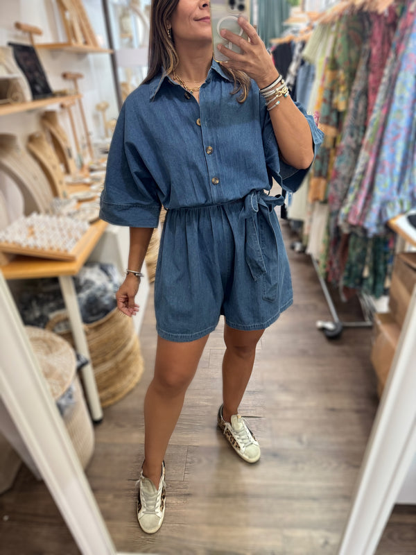 Denim Elastic Waist Romper