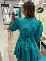 Green & Blue Stripes Back Detail Dress