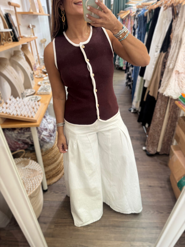 Brown & Ivory Trim Vest/Top