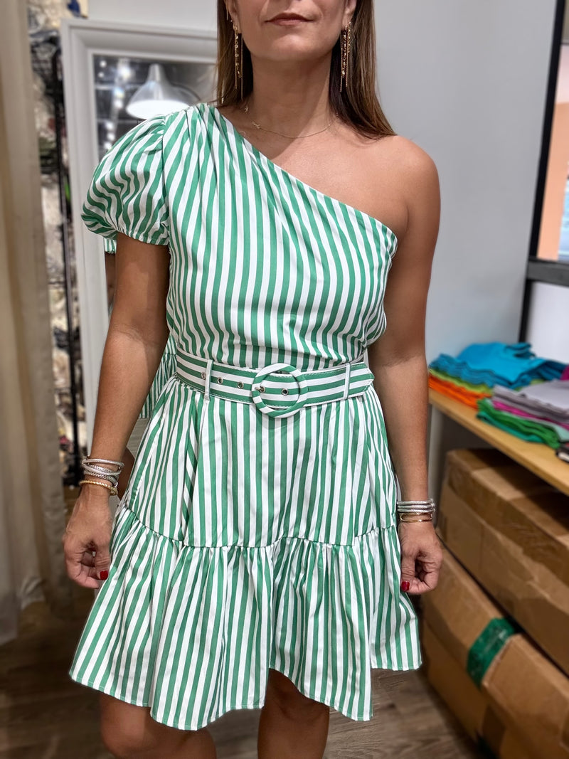 Green Stripes One Shoulder Dress