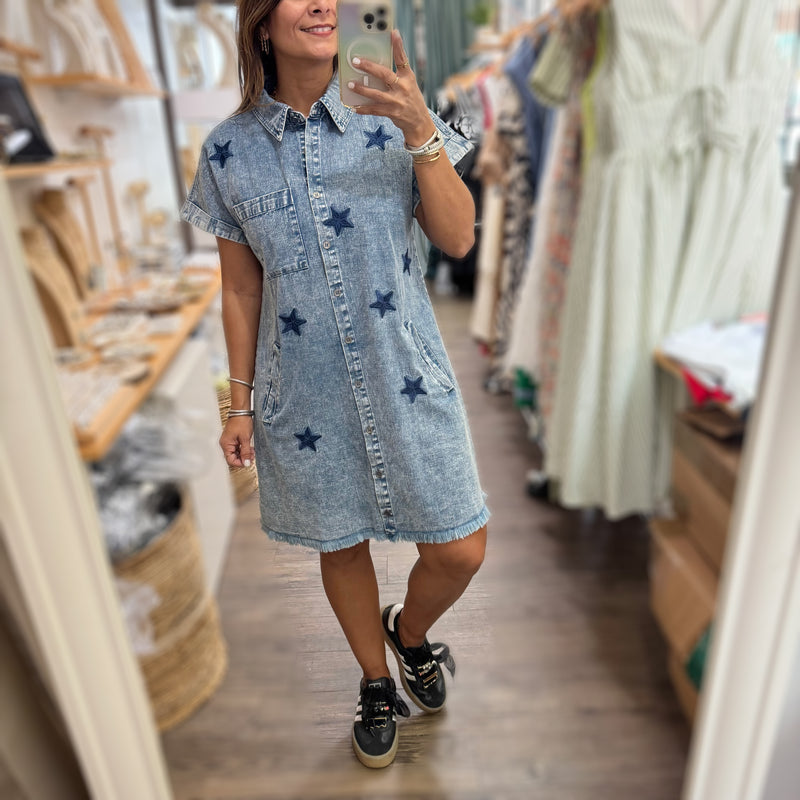 Stars Denim Button Down Dress