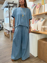 Denim Hi-Lo Top & Drawstring Pants