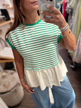 Green Stripes Scalloped Hem Top