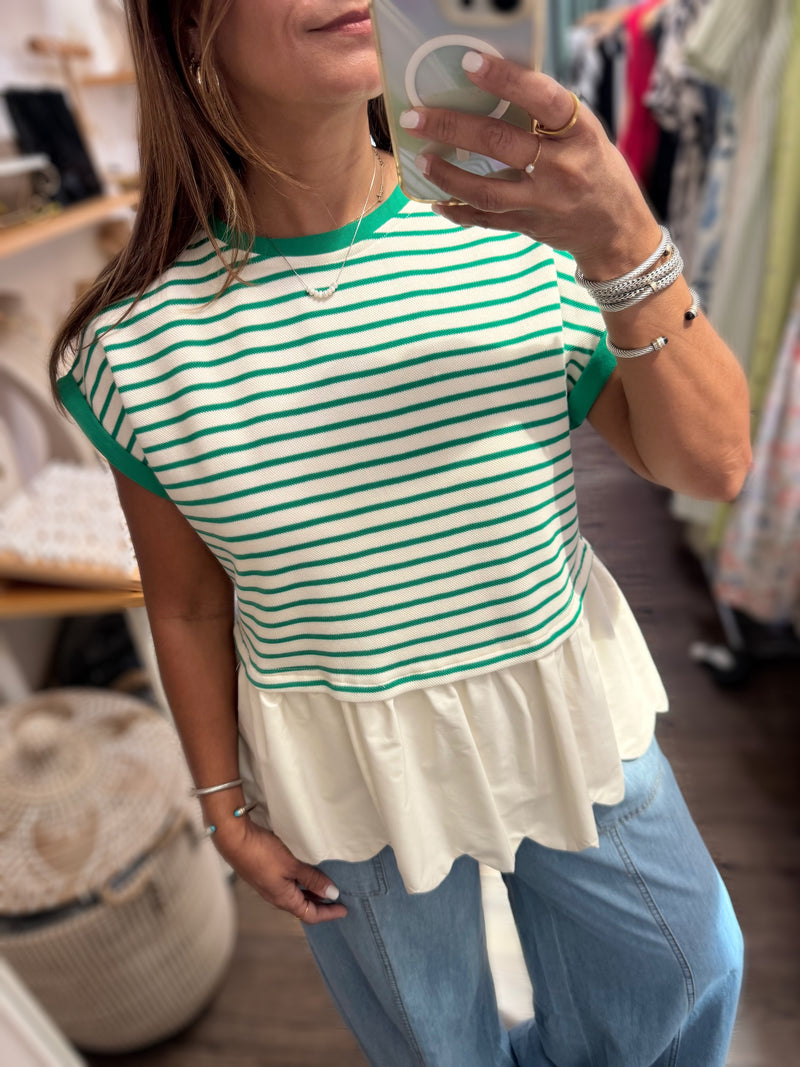 Green Stripes Scalloped Hem Top