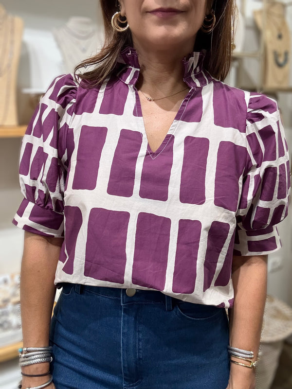 Wine Geometric Print Top